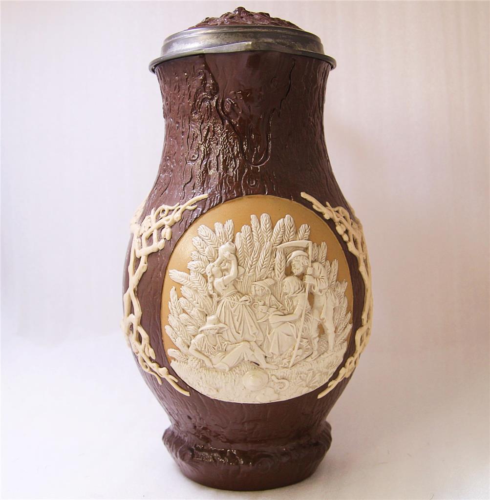 Large Antique Mettlach Villeroy/Boch Beer Stein #1028 Bas-relief Harvest c.1896