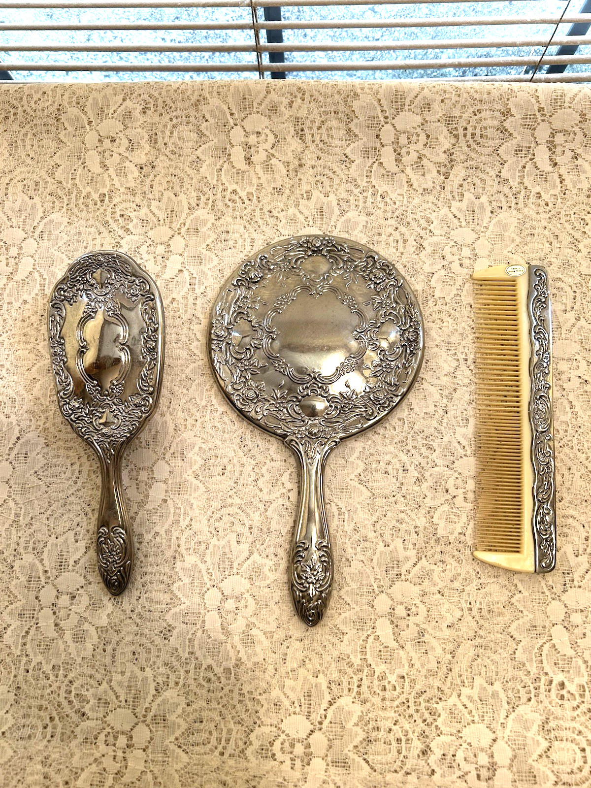 Vintage 3-Piece Dresser Silver Plated Vanity Set Including Mirror Brush & Comb Vintage 3-Piece Dresser Silver Plated Vanity Set Including Mirror Brush & Comb