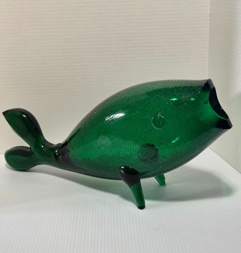 Blenko 971L Whale Fish in Green Crackle Glass w/FLAWS