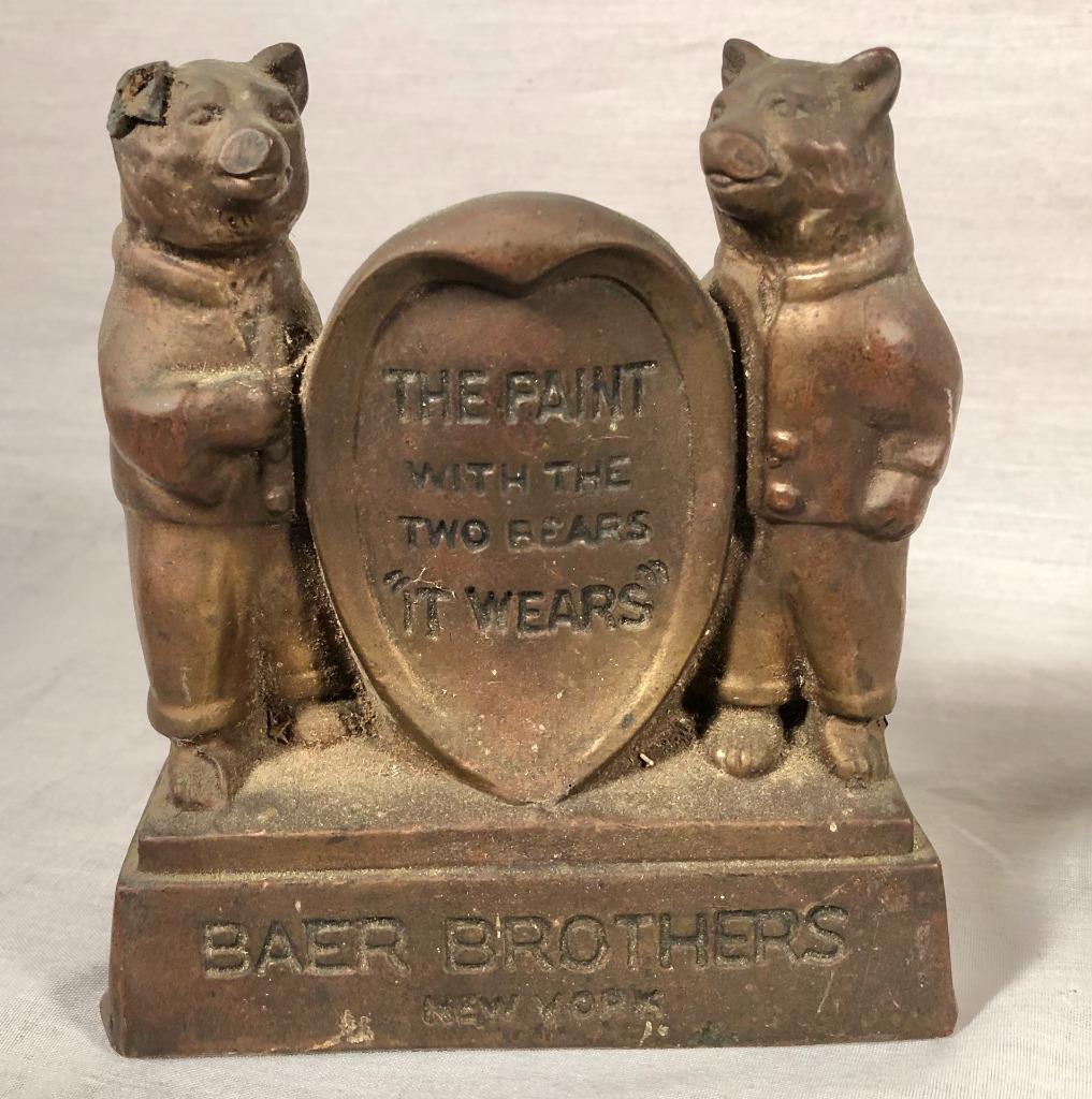 VINTAGE BAER BROTHERS PAINT 2 BEARS BRASS ADVERTISING COUNTER / SHELF DISPLAY