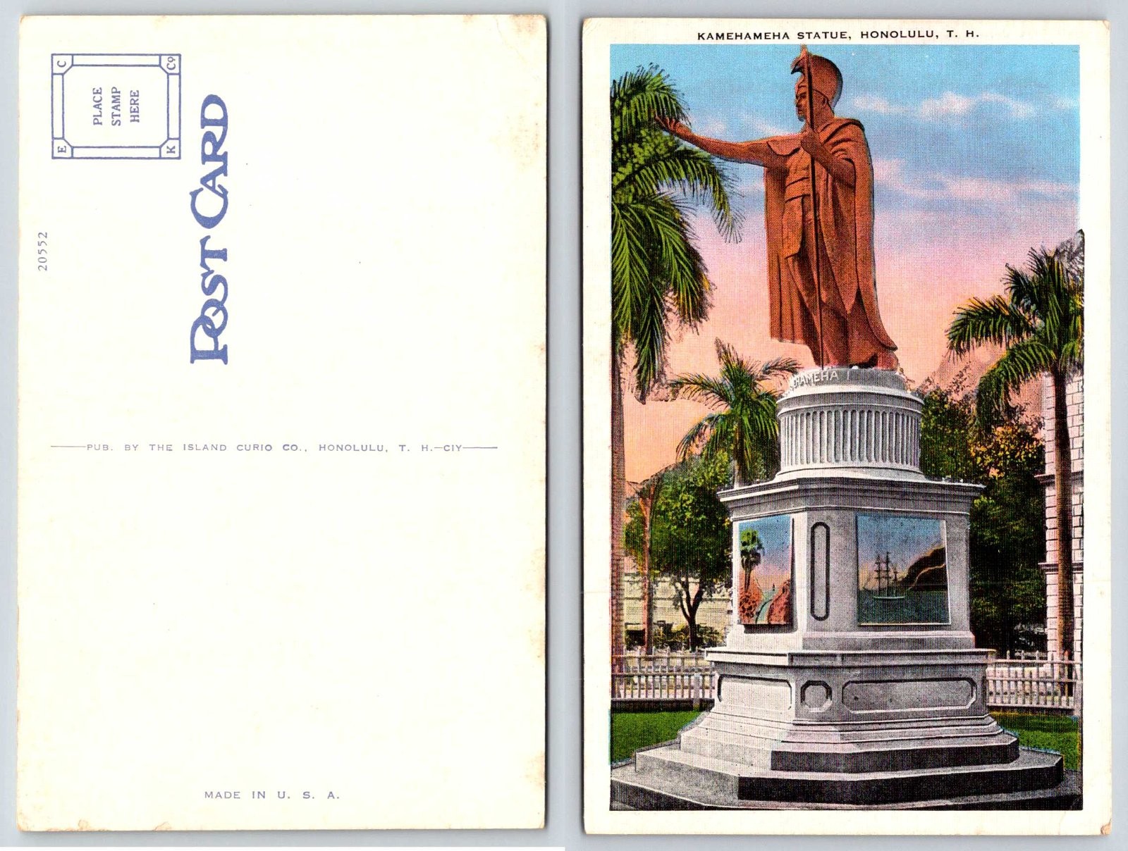 Kamehameha Statue Honolulu Hawaii Island Curio Co Postcard BA481