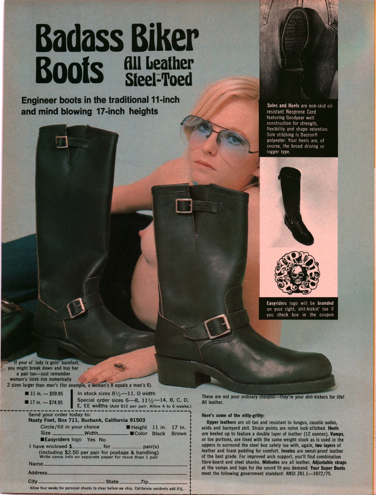 Nasty Feet 1977 Easyriders Badass Biker Leather Boots Vintage Print Ad Biker VTG