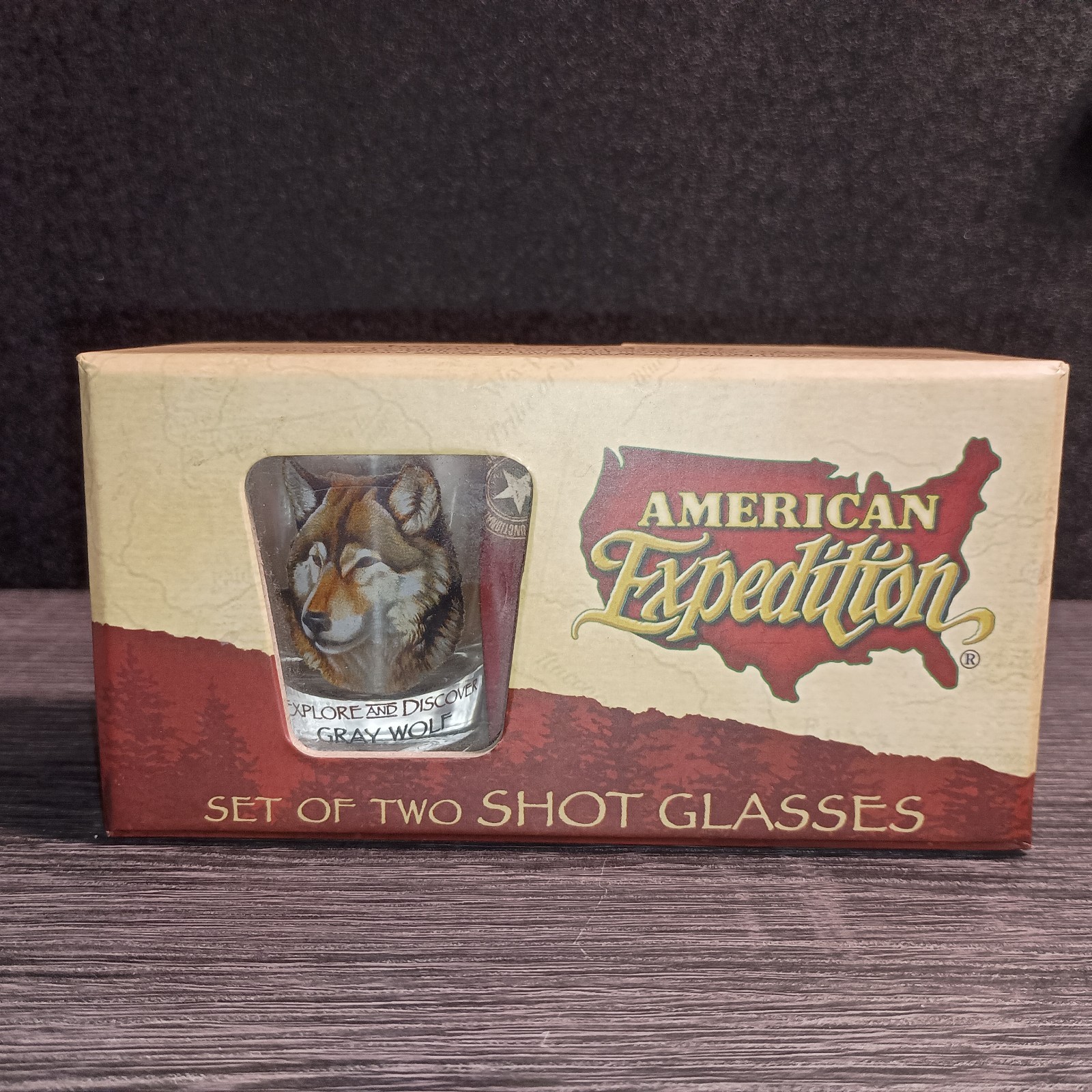 American Expedition Gray Wolf Painted Clear Glass Shot Glasses Set of 2 2oz