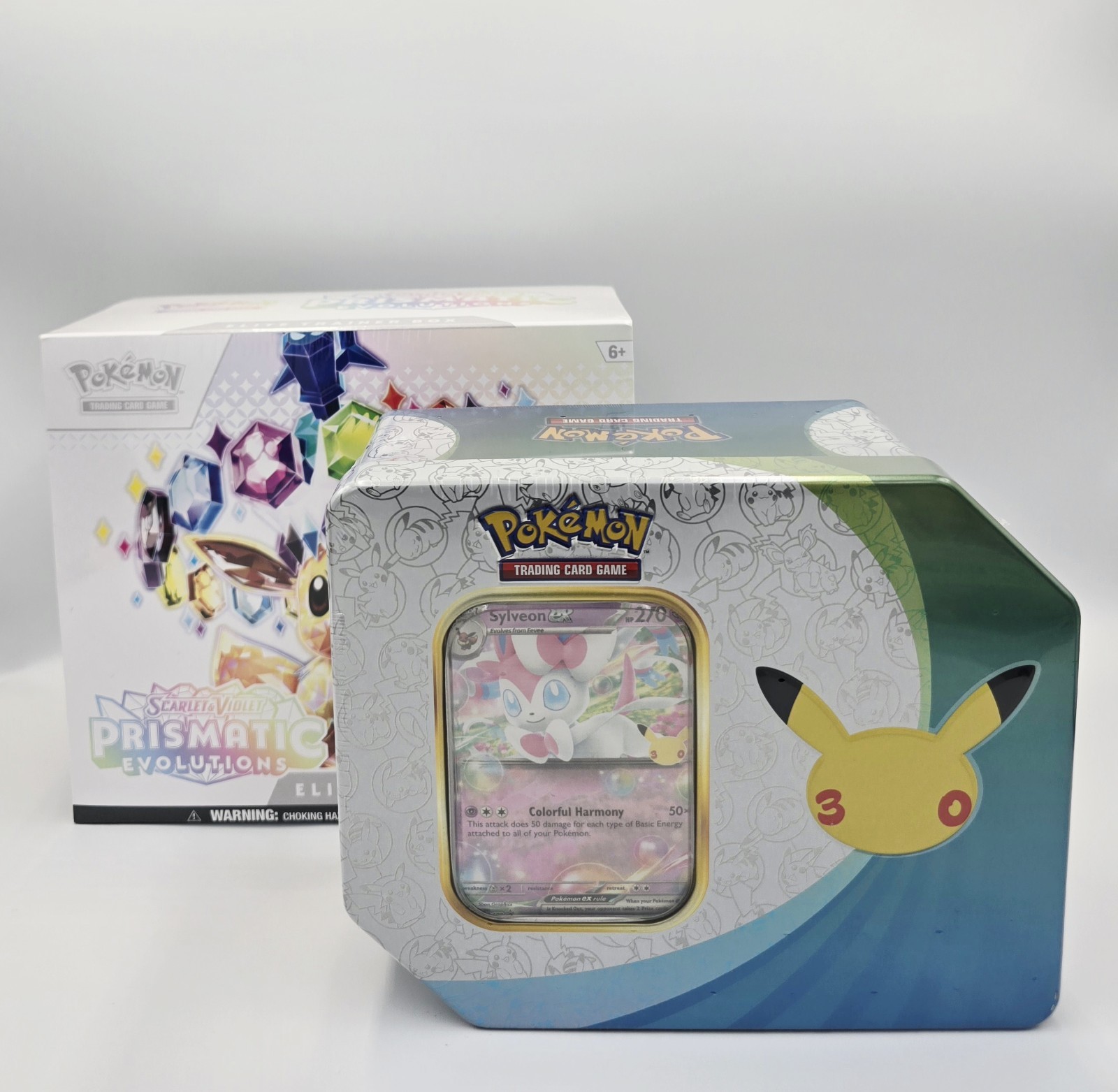 Pokemon TCG Prismatic Evolutions + 30th Anniv Sylveon Tin ETB New Sealed