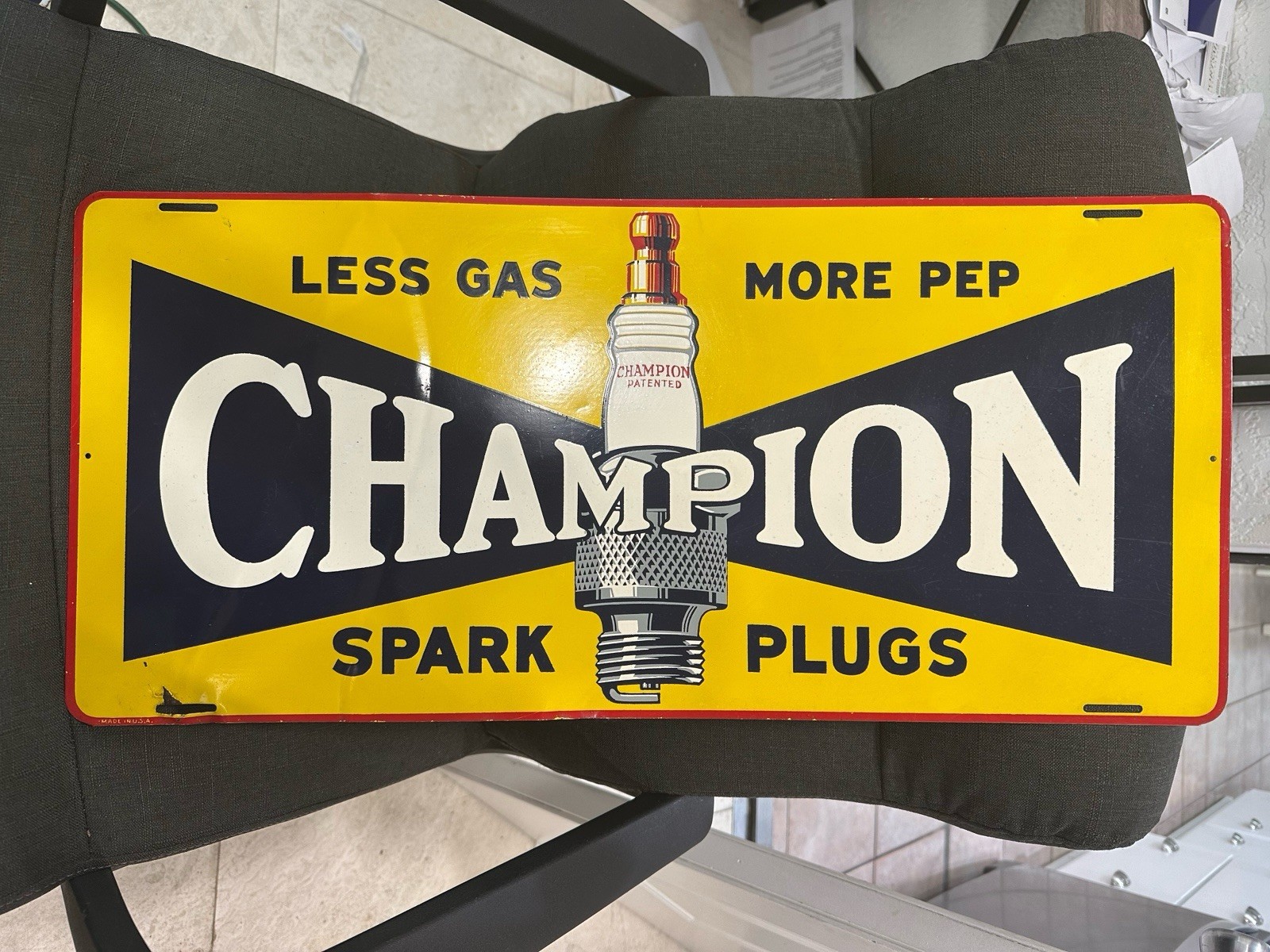 Vintage CHAMPION SPARK PLUG Painted Metal Tin Sign Original Less Gas More Pep Vintage CHAMPION SPARK PLUG Painted Metal Tin Sign Original Less Gas More Pep