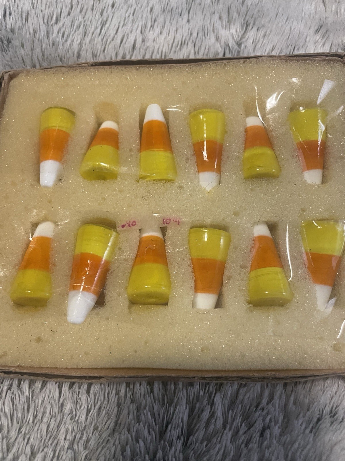 Lillian Vernon Glass Candy Corn  12 Piece Set 2 1/4”. Vintage WITH BOX
