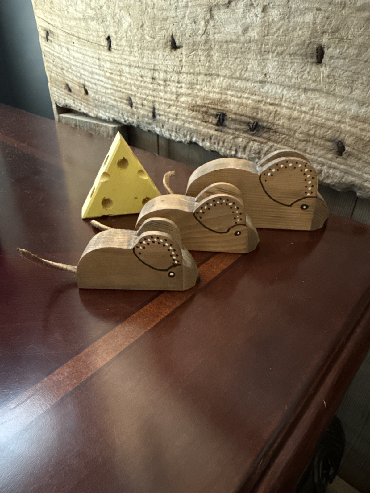 Vtg Wooden Mouse Wood Figures - 3 plus cheese Brown Leather Ears & Tail MCM
