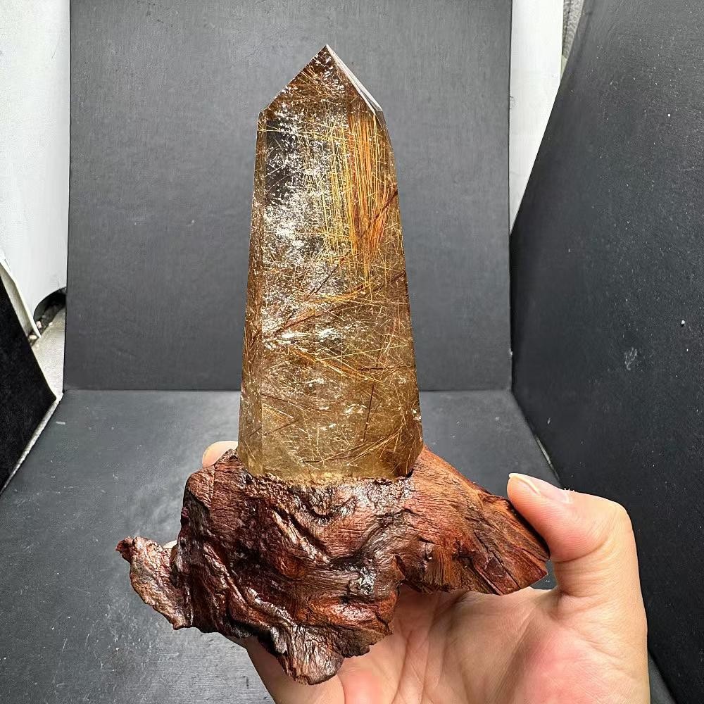 250g Natural Rutilated Quartz Obelisk Crystal Mineral Reiki Decor+ Stand