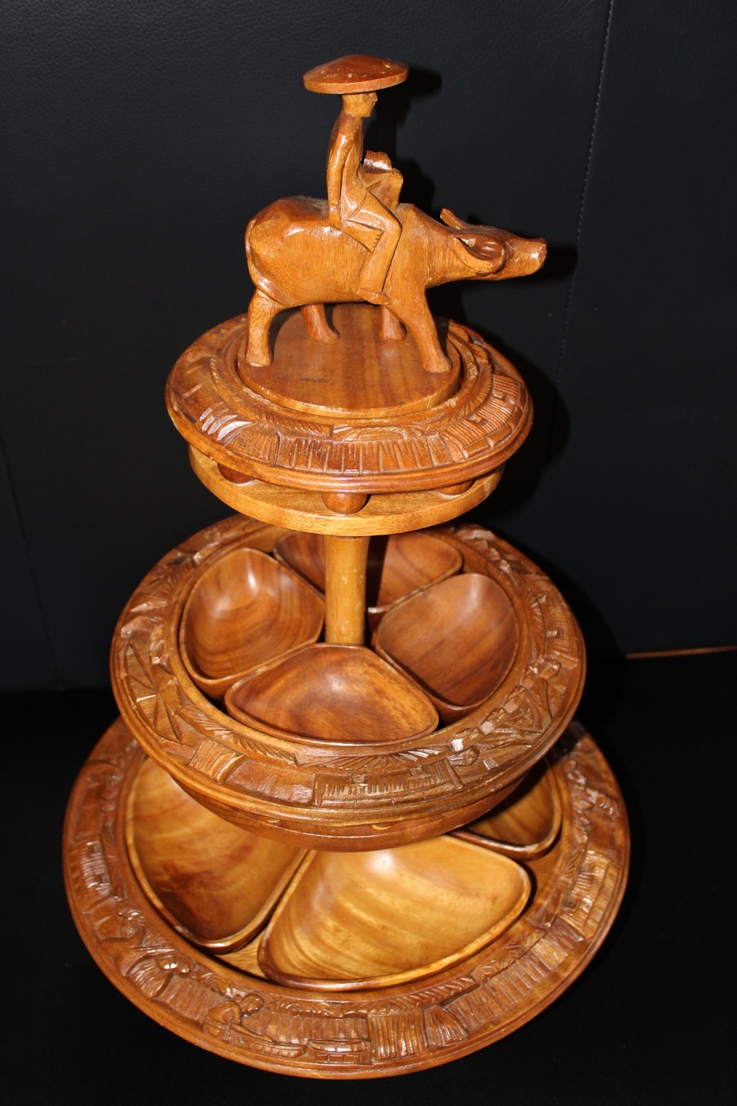 vintage mid-century hand-carved monkey pod wood 3-tier rotating lazy-susan vintage mid-century hand-carved monkey pod wood 3-tier rotating lazy-susan