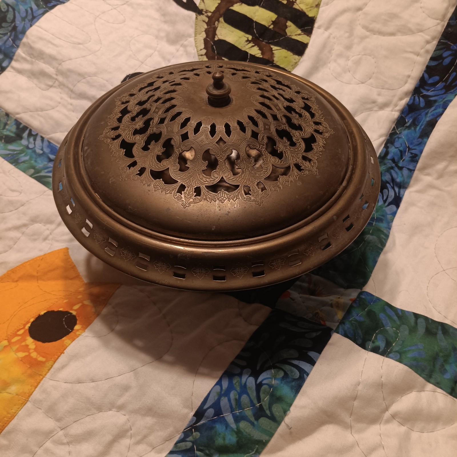 vintage antique footed incense lidded container ornate filigree dish