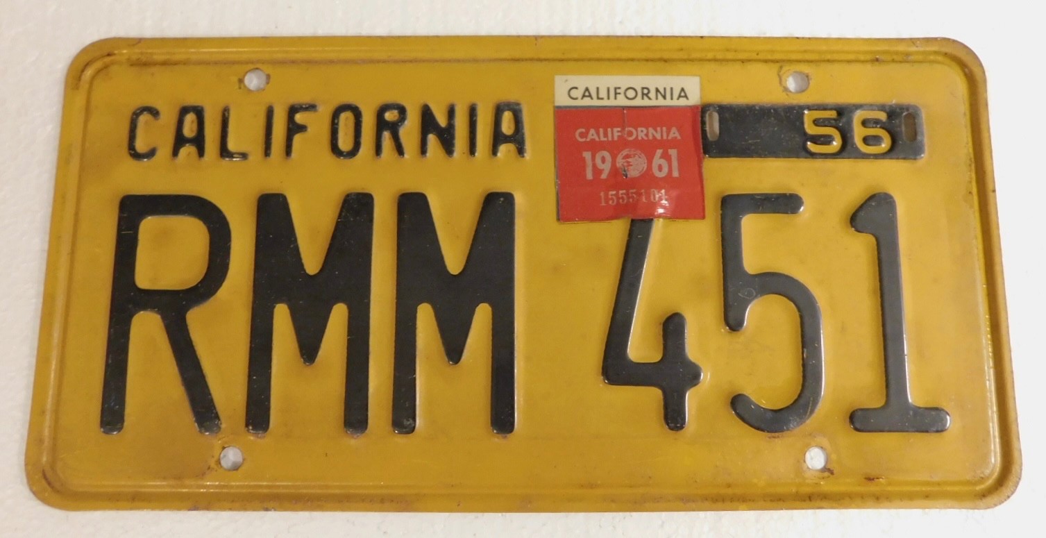 VINTAGE 1956/1961 CALIFORNIA License Plate – Steel ,Yellow with Black VINTAGE 1956/1961 CALIFORNIA License Plate – Steel ,Yellow with Black