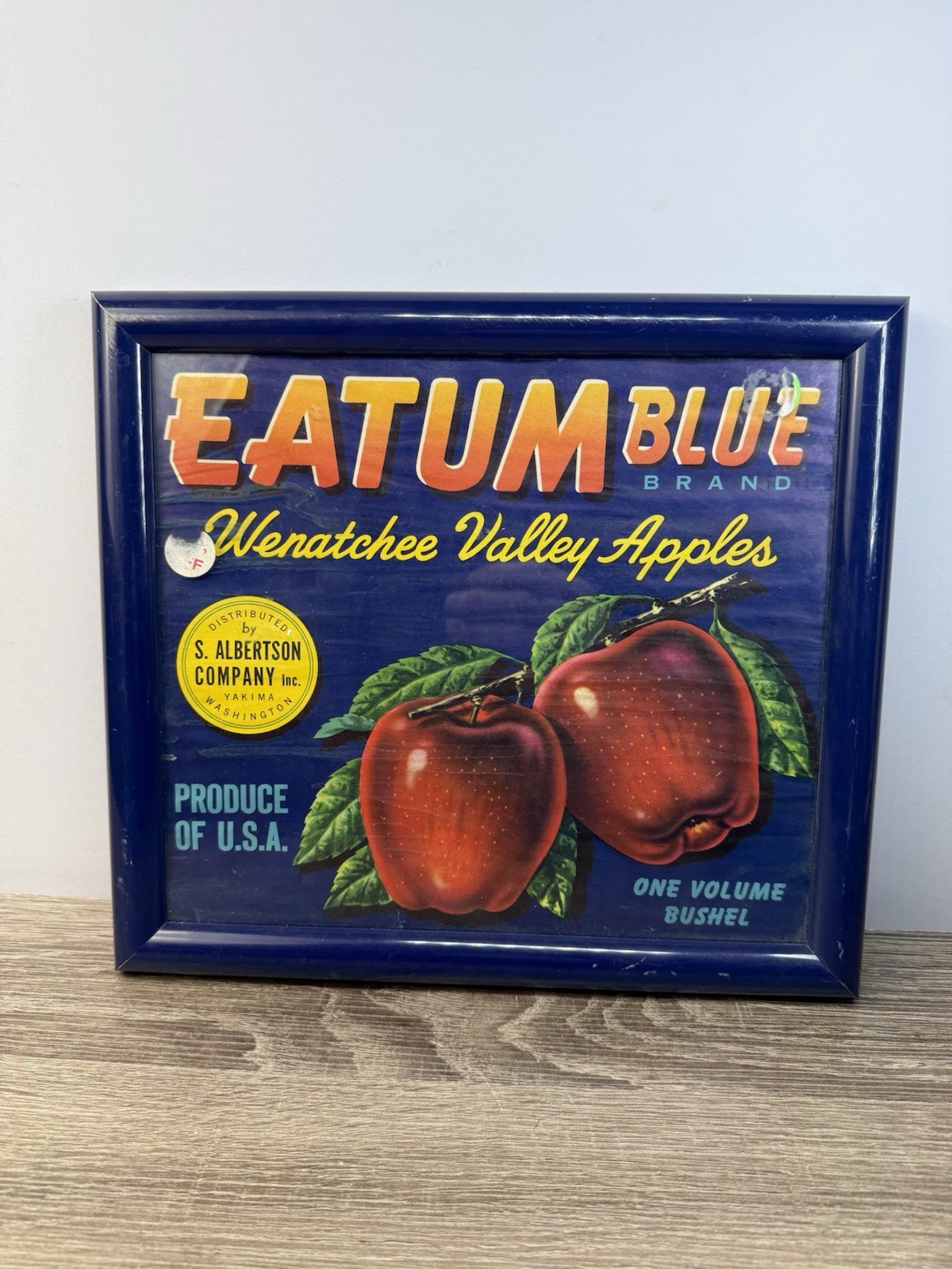 Vintage EATUM BLUE Apple Crate Label Wenatchee WA Original Framed Fruit Art AUTH