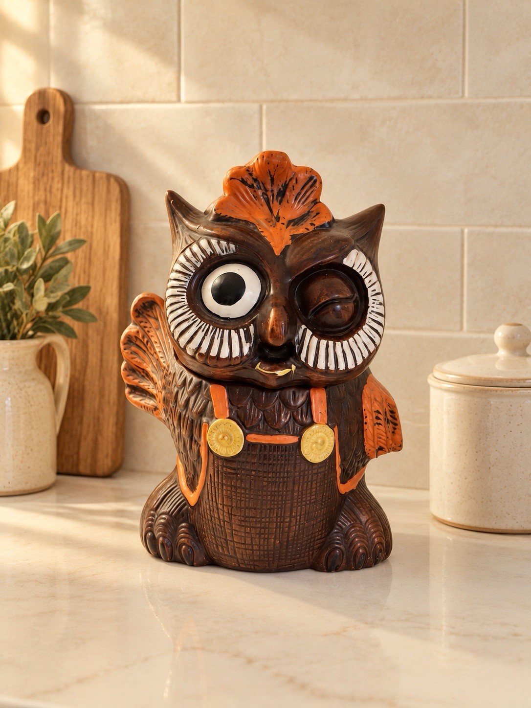 Vintage 1960 California Originals Winking Owl Ceramic  Cookie Jar  Brown Orange