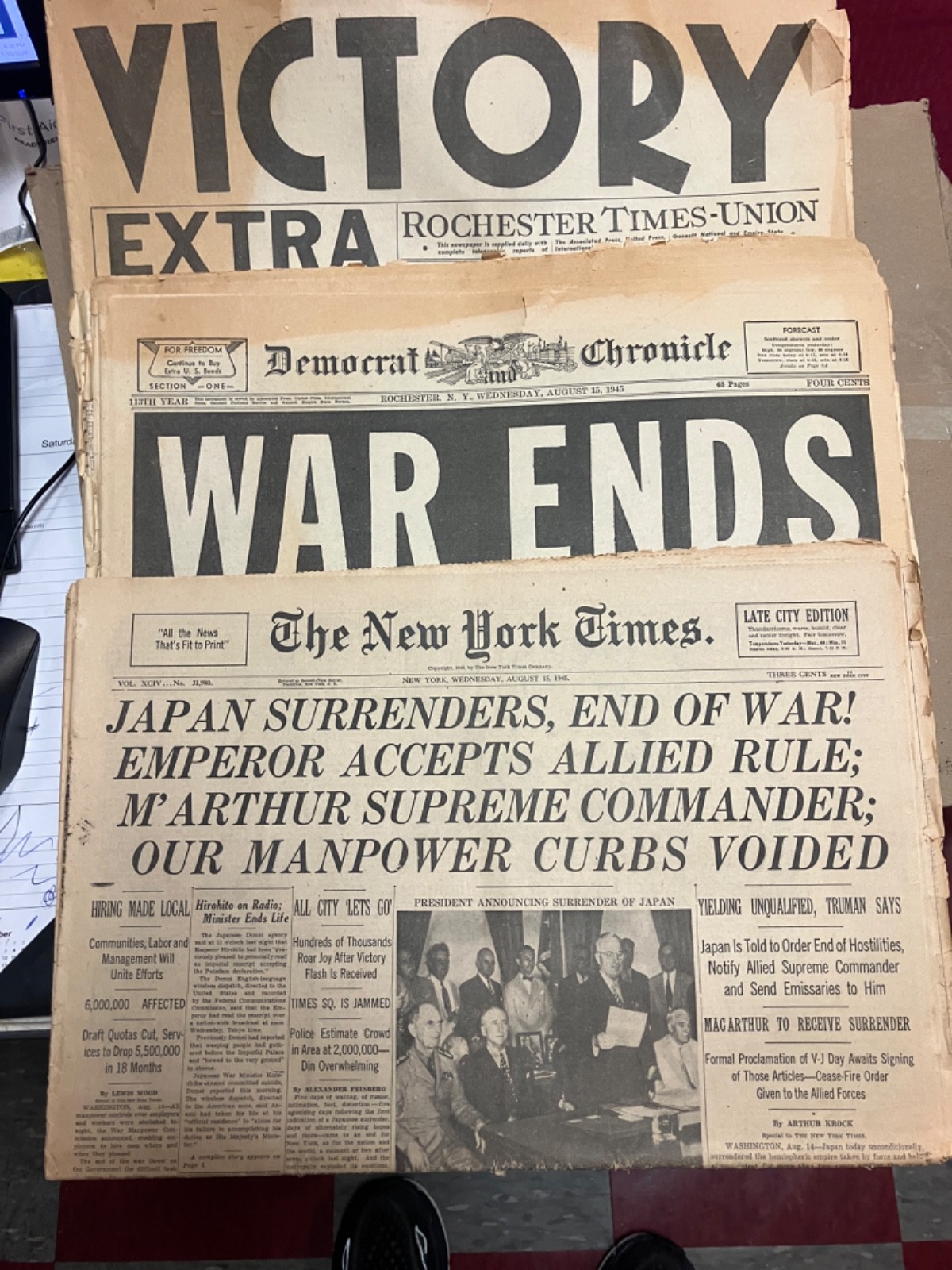 Collectible 3 Complete Newspapers Announcing Japan's Surrender and End of War II