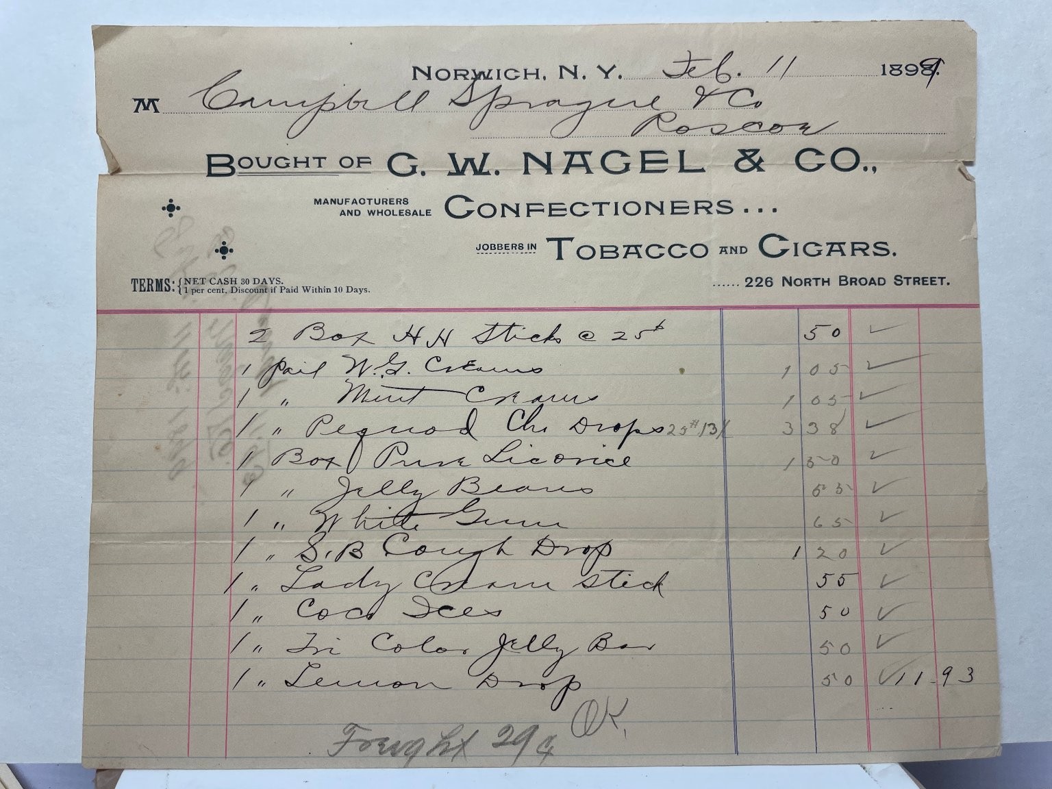 1897 G.W. Nagel & Co. Norwich New York Confectionery Tobacco Invoice