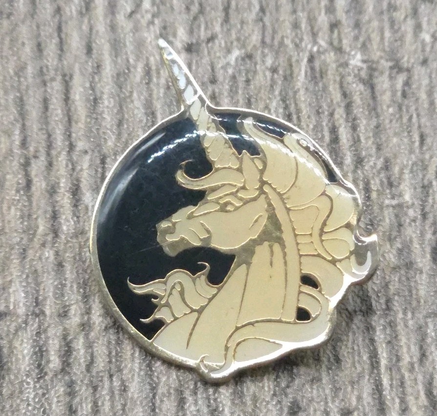 Vintage 1980s SWIB Unicorn Enamel Lapel Pin Gold Tone Black Taiwan Fantasy