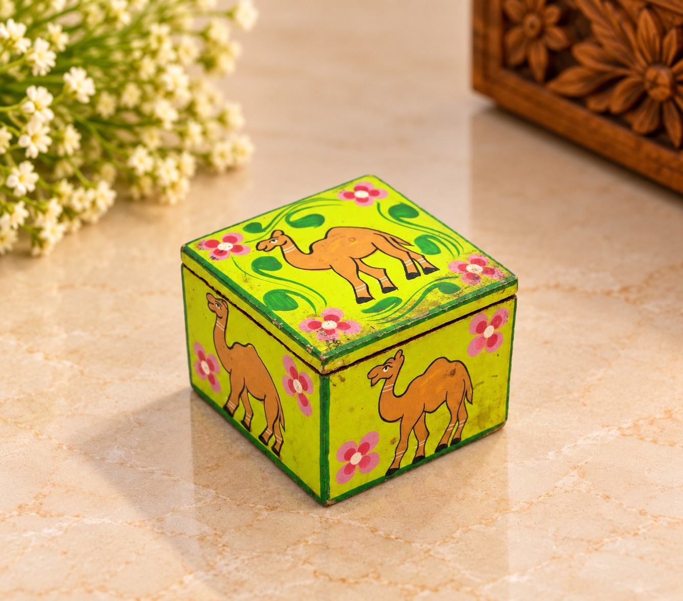 Vintage Handcrafted & Hand+Painted Wooden Trinklet Box