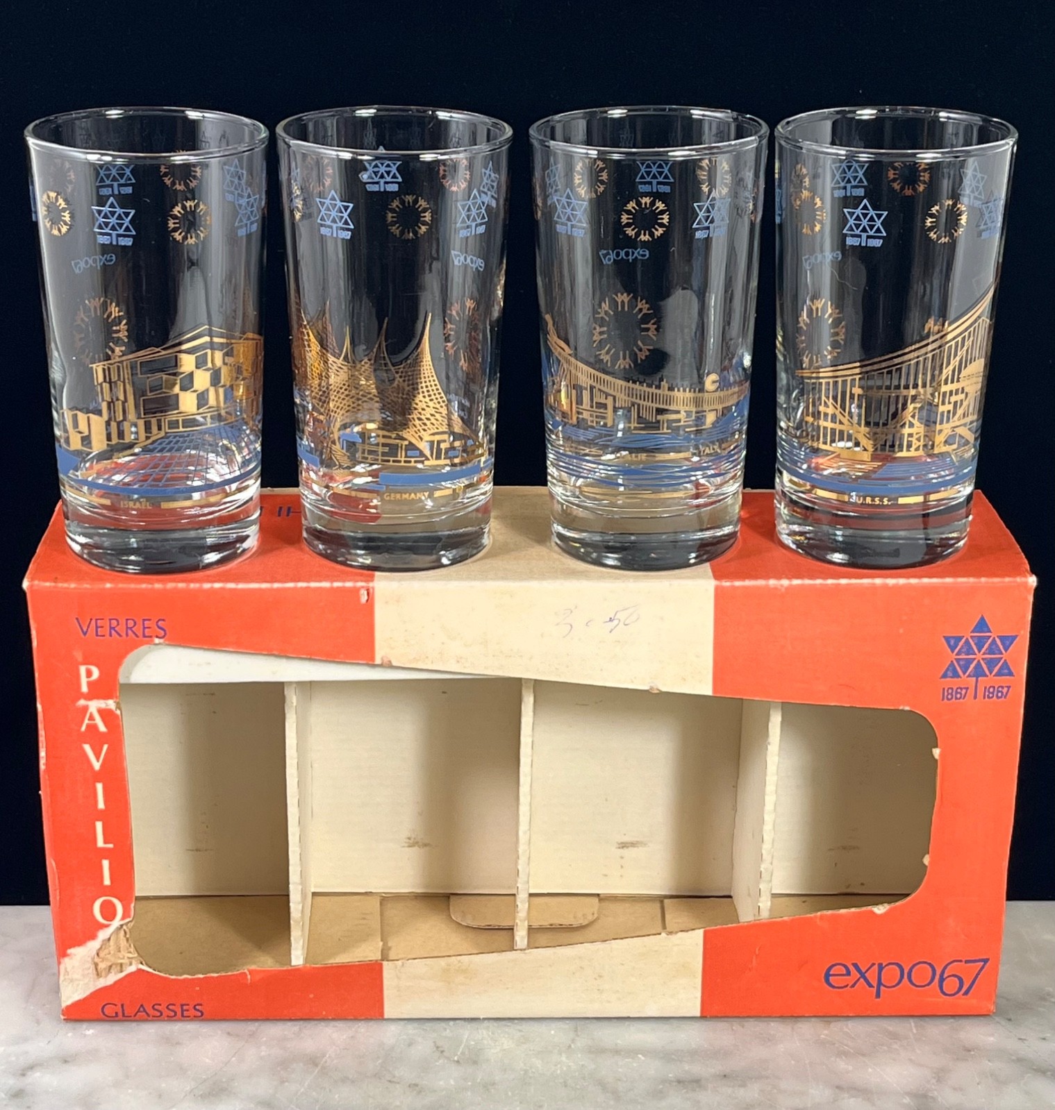LOT OF 4 Expo 67 World's Fair Souvenir Drinking Glass Highball 1967 with Box