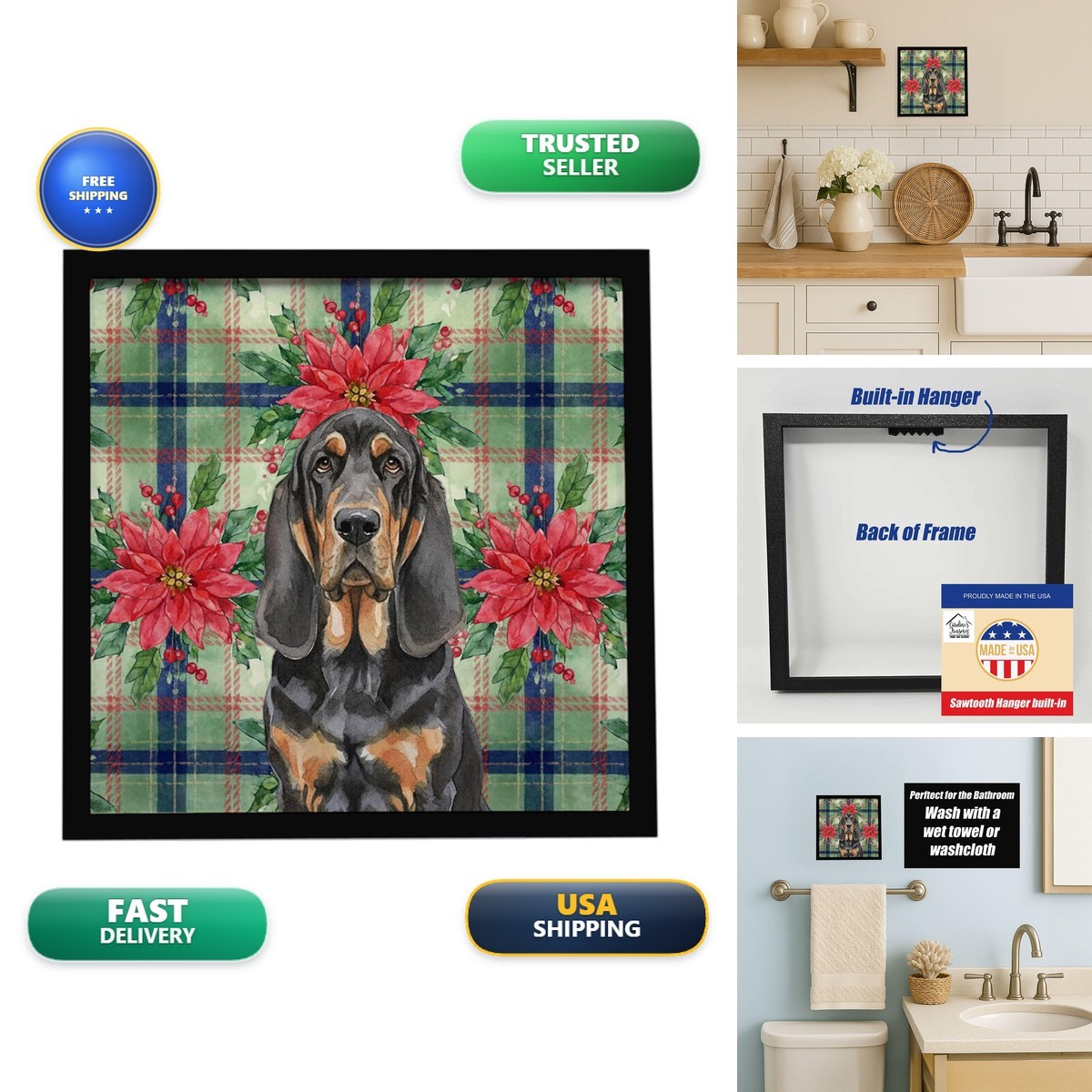 Caroline's Treasures Black Tan Bloodhound Christmas Poinsettias Framed Metal Caroline's Treasures Black Tan Bloodhound Christmas Poinsettias Framed Metal