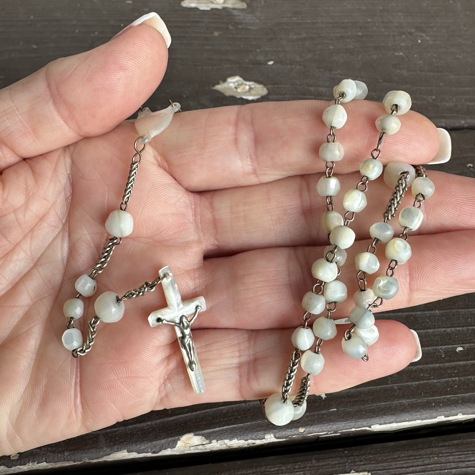 1800's French Mother of Pearl Sterling Silver Rosary Hand Carved Nacre Beads