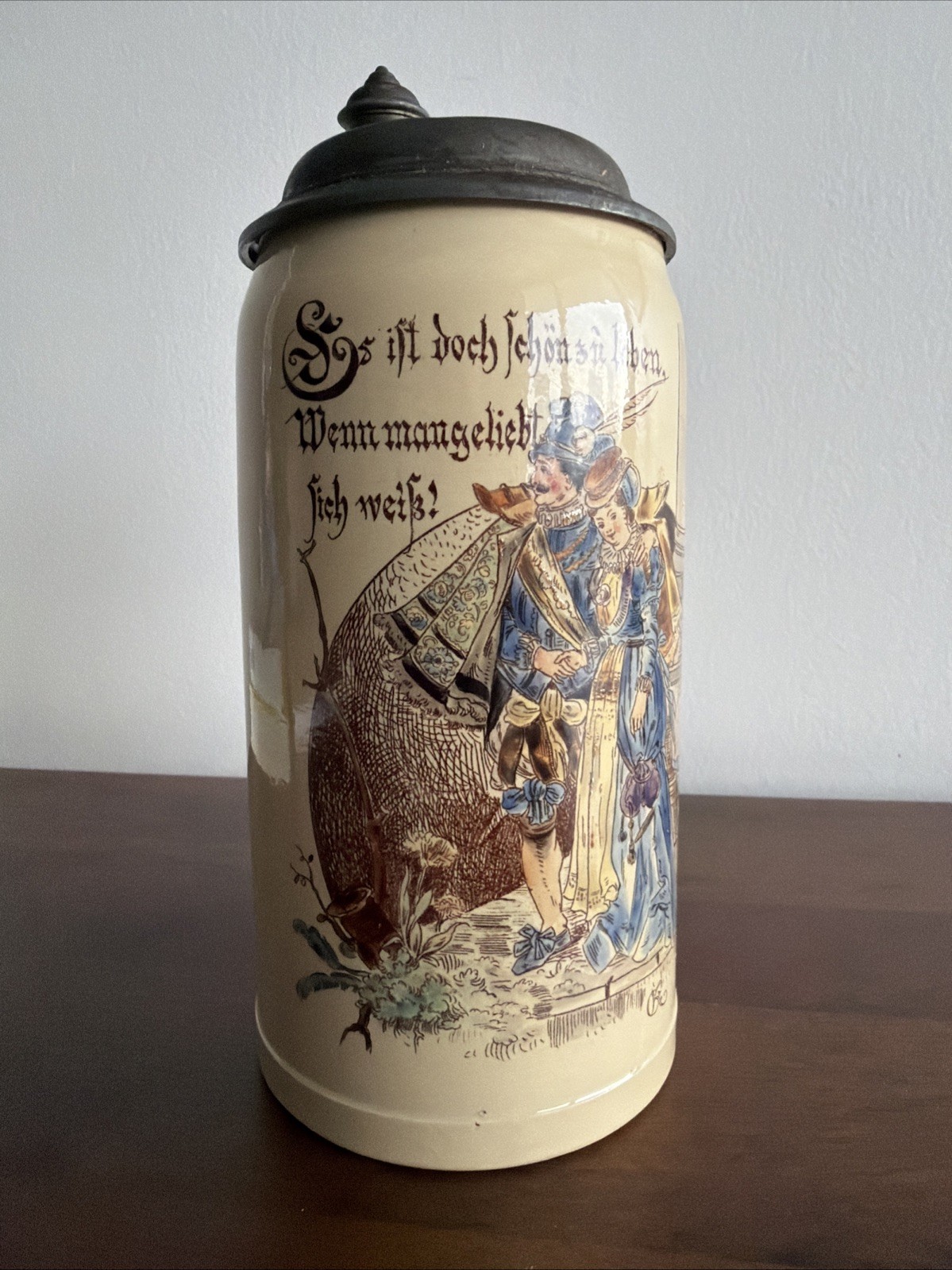 Villeroy + Boch 1894 Pewter Lid Stein Mettlach “Lovers” *Damaged* Villeroy + Boch 1894 Pewter Lid Stein Mettlach “Lovers” *Damaged*