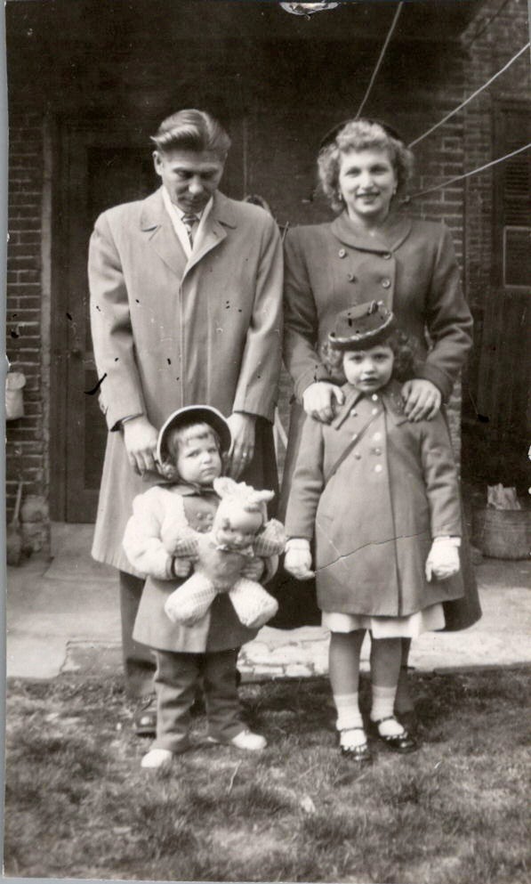 Family Portrait 1940s-1950s Outdoor Home Scene with Teddy Bear Photograph Family Portrait 1940s-1950s Outdoor Home Scene with Teddy Bear Photograph