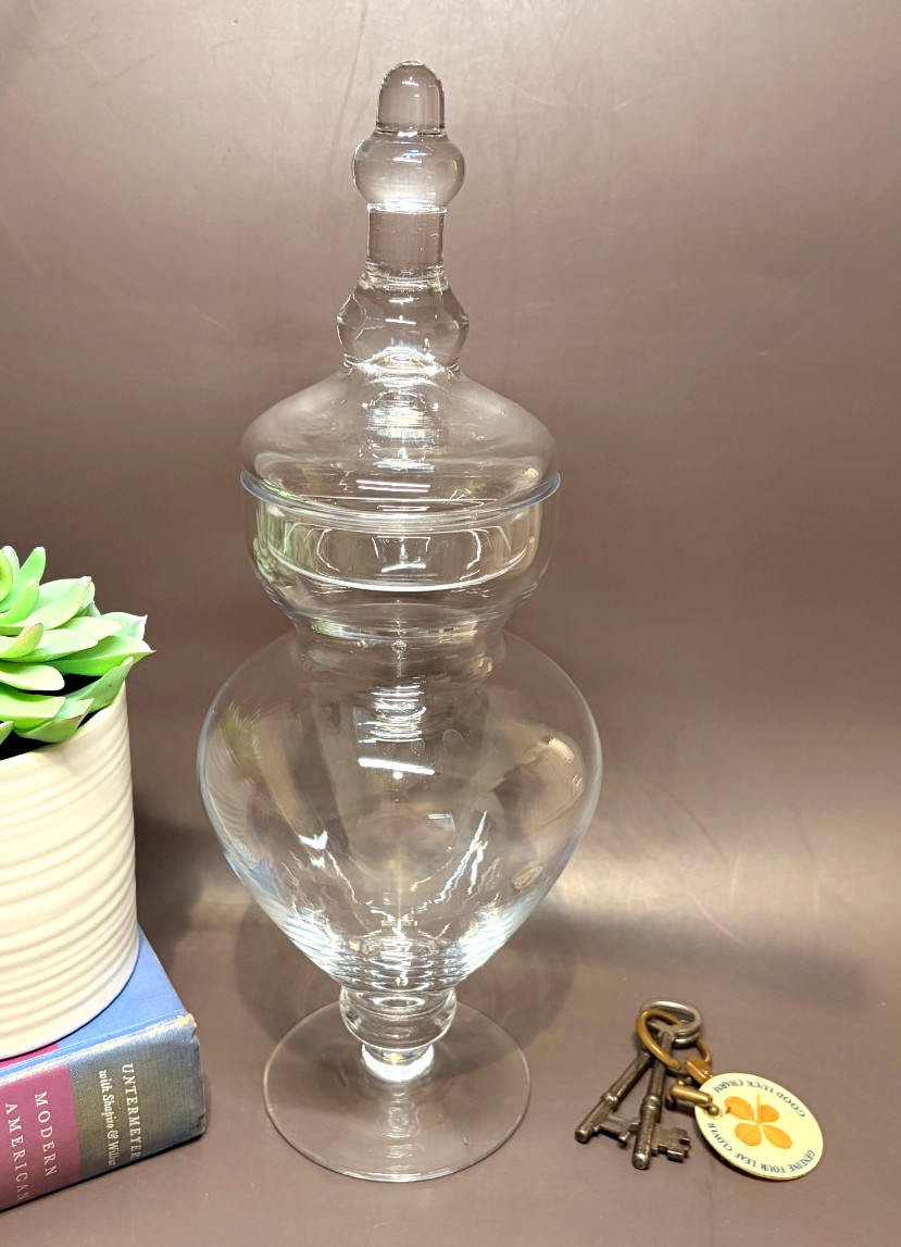 Vintage Clear Glass Apothecary Jar Pedestal Candy Buffet Container Matching Lid Vintage Clear Glass Apothecary Jar Pedestal Candy Buffet Container Matching Lid