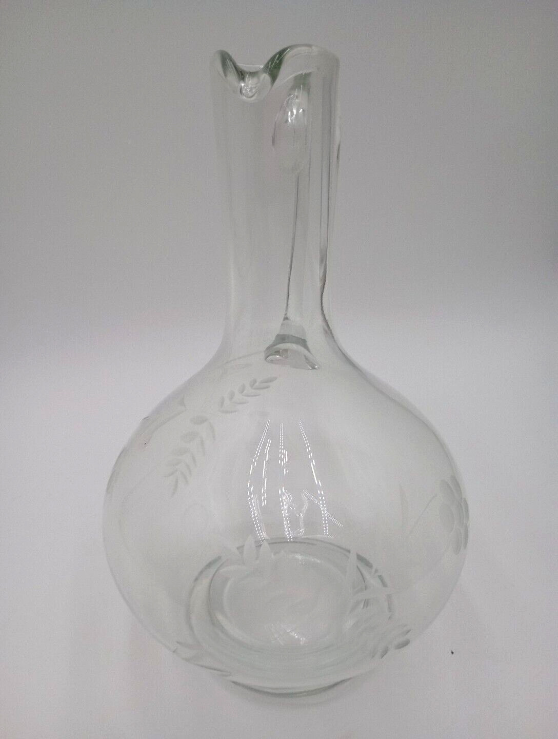 Vintage Clear Glass Floral Etched Wine Decanter Bottle No Stopper