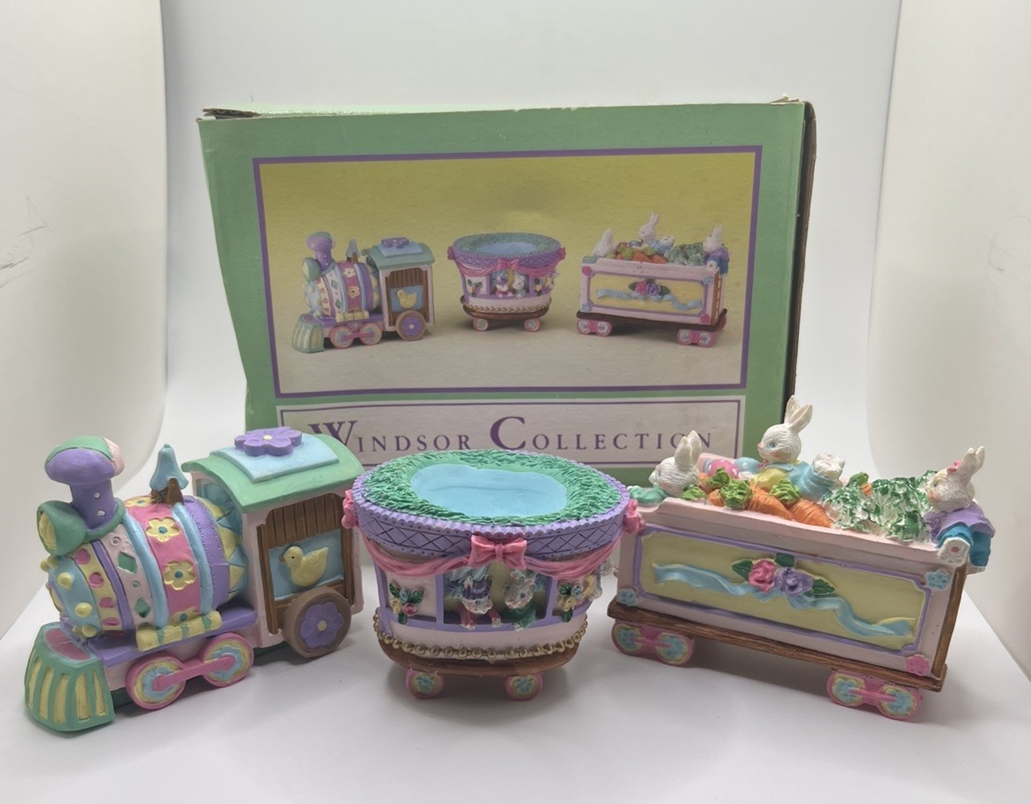 VTG Windsor Collection 3 Piece Resin Easter Bunny Train Decoration New in Box VTG Windsor Collection 3 Piece Resin Easter Bunny Train Decoration New in Box