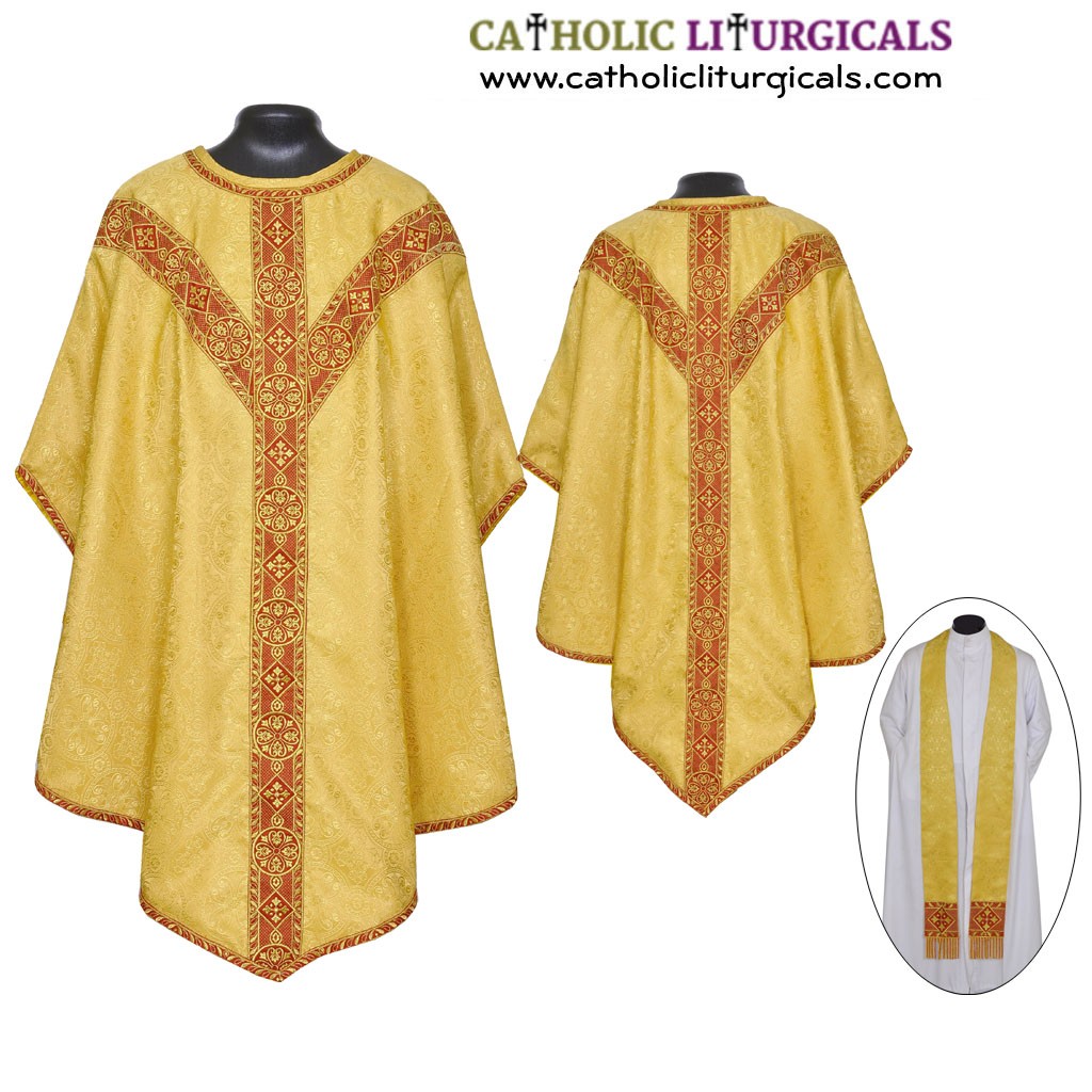 NEW Yellow Gold Pugin Style Gothic Vestment & Stole Set, Pugin Style Chasubles NEW Yellow Gold Pugin Style Gothic Vestment & Stole Set, Pugin Style Chasubles