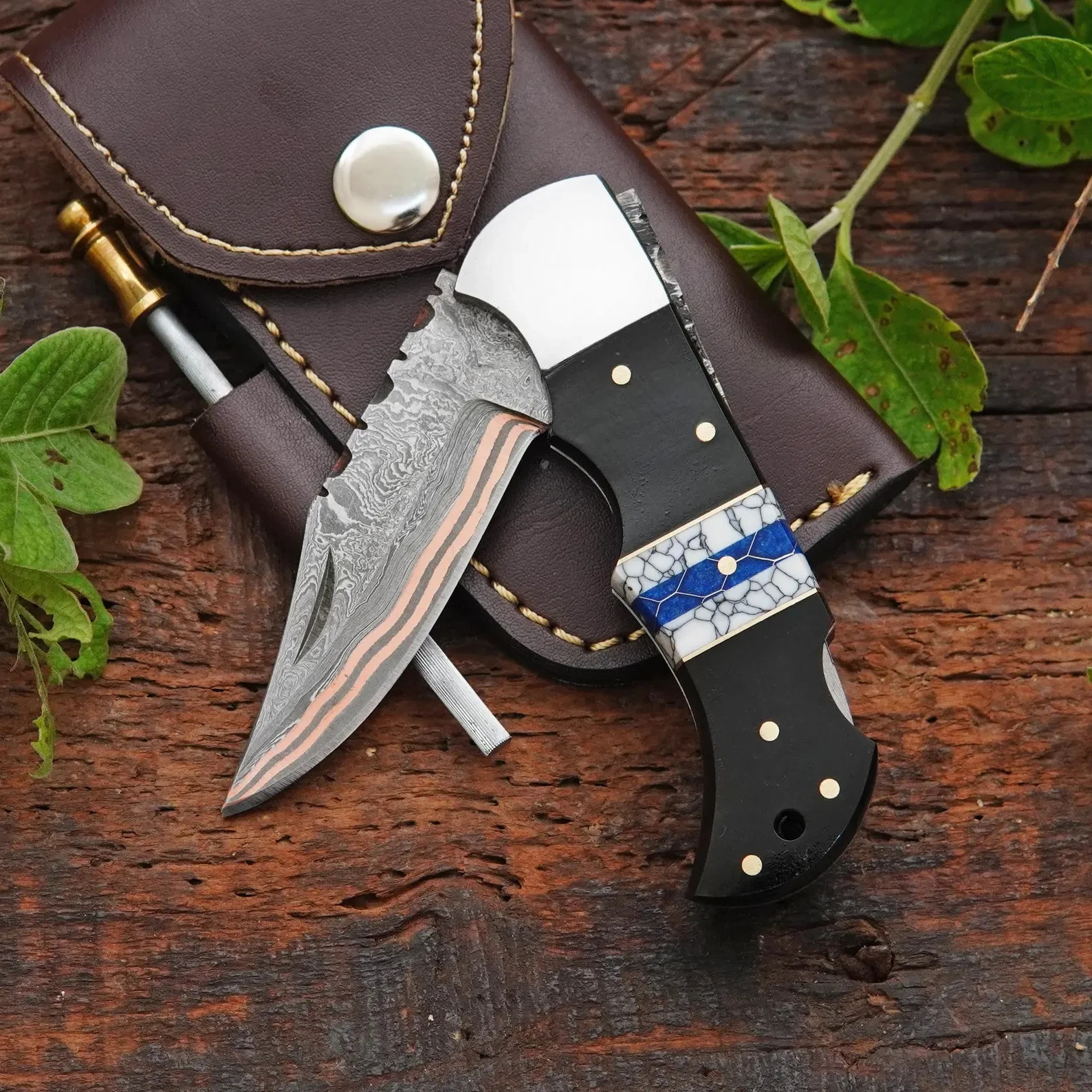 COPPER DAMASCUS Pocket Knife Black Horn Handle Handmade Camping Knife and Sheath