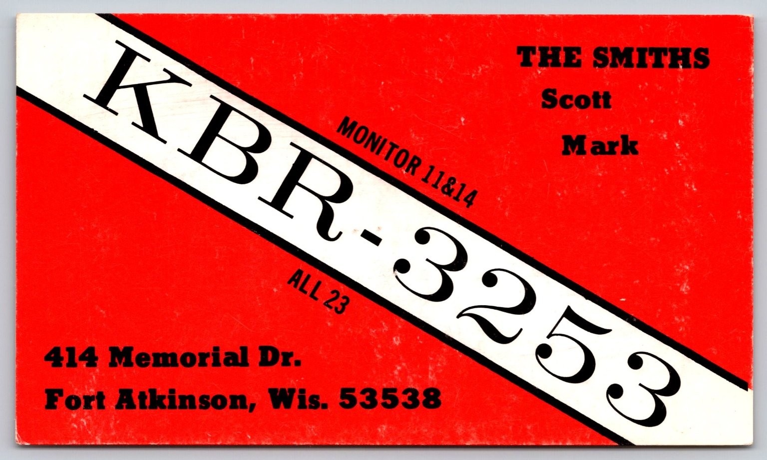 Vintage KBR-3253 The Smiths Fort Atkinson Wisconsin CB Radio QSL Postcard B35 Vintage KBR-3253 The Smiths Fort Atkinson Wisconsin CB Radio QSL Postcard B35