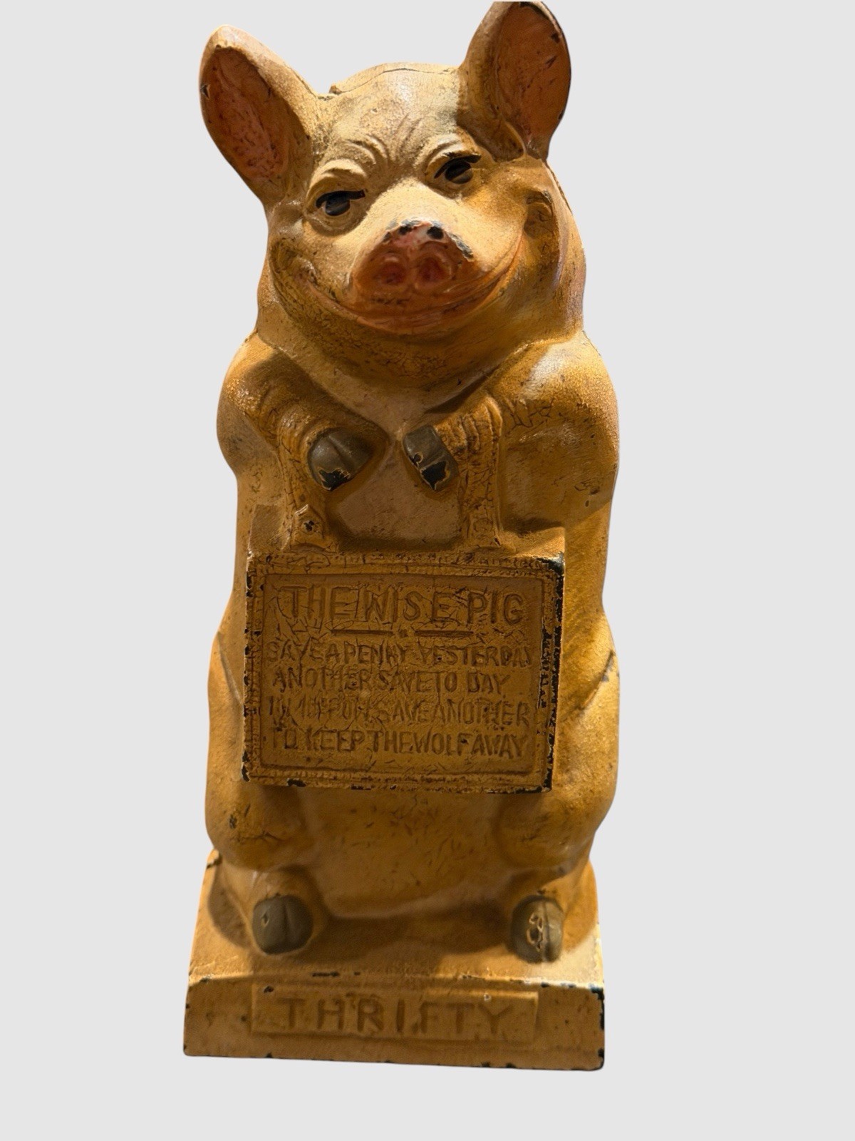 Antique J.M.R. Hubley No. 822 Cast Iron Thrifty Wise Pig Still Piggy Bank 1930s