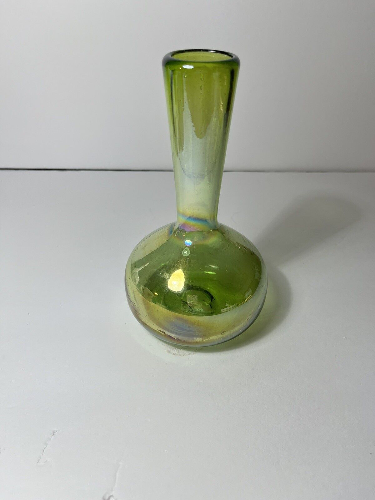Hand Blown Lime Green Iridescent Glass Vase, Flowers, Decor
