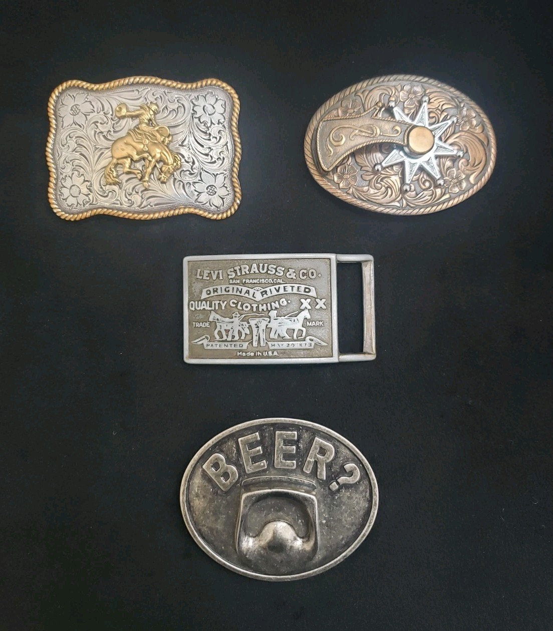 VTG WESTERN BELT BUCKLES LOT OF 5 SILVER GOLD BRONZE NOCONA BRONCO LEVI 511 BEER VTG WESTERN BELT BUCKLES LOT OF 5 SILVER GOLD BRONZE NOCONA BRONCO LEVI 511 BEER