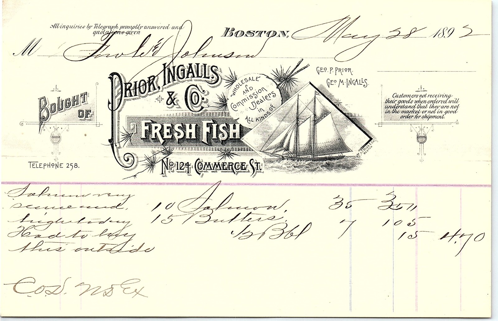 1895 Boston Fresh Fish Dealer Billhead w/ Ship Logo