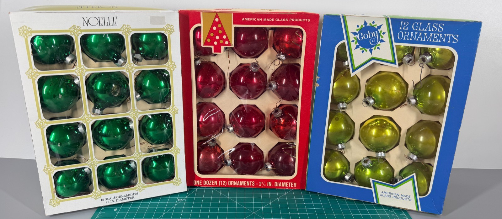 Vintage Coby Glass Ball Lot of 3 Green Red Christmas Ornaments Made In Box USA Vintage Coby Glass Ball Lot of 3 Green Red Christmas Ornaments Made In Box USA