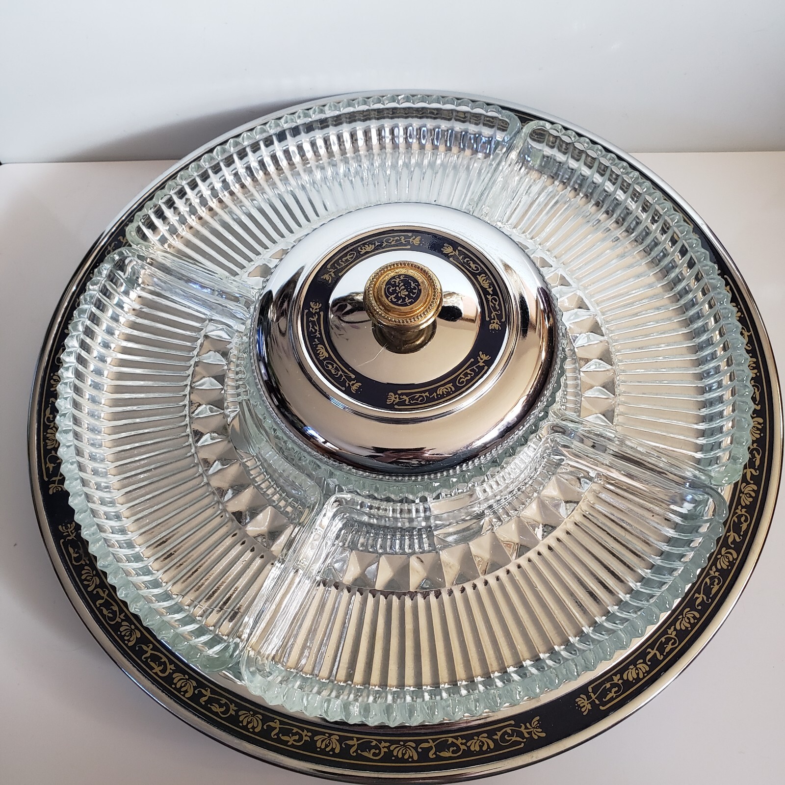 Vtg Mcm Kromex Chrome Glass Divided Lazy Susan Appetizer Relish Tray Black Gold
