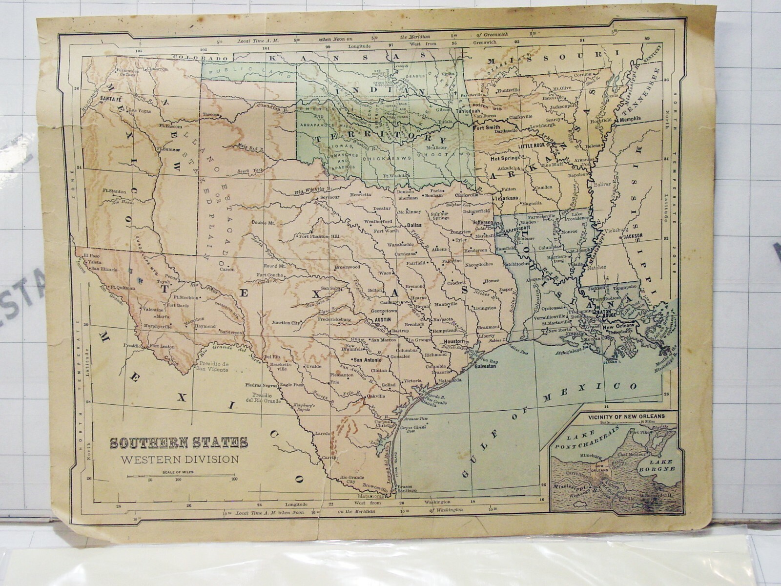 antique rare book page SOUTHERN STATES Western Division Texas Oklahoma MAP ~12