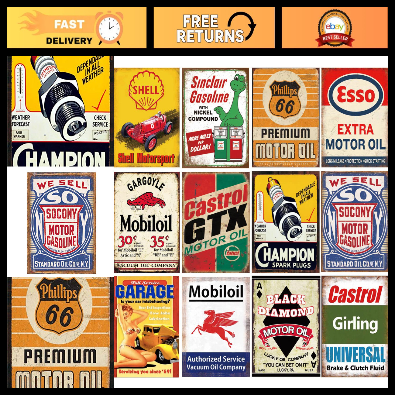 12 Vintage Gas & Oil Tin Signs - Retro Metal Wall Art for Home, Man Cave, Garage 12 Vintage Gas & Oil Tin Signs - Retro Metal Wall Art for Home, Man Cave, Garage