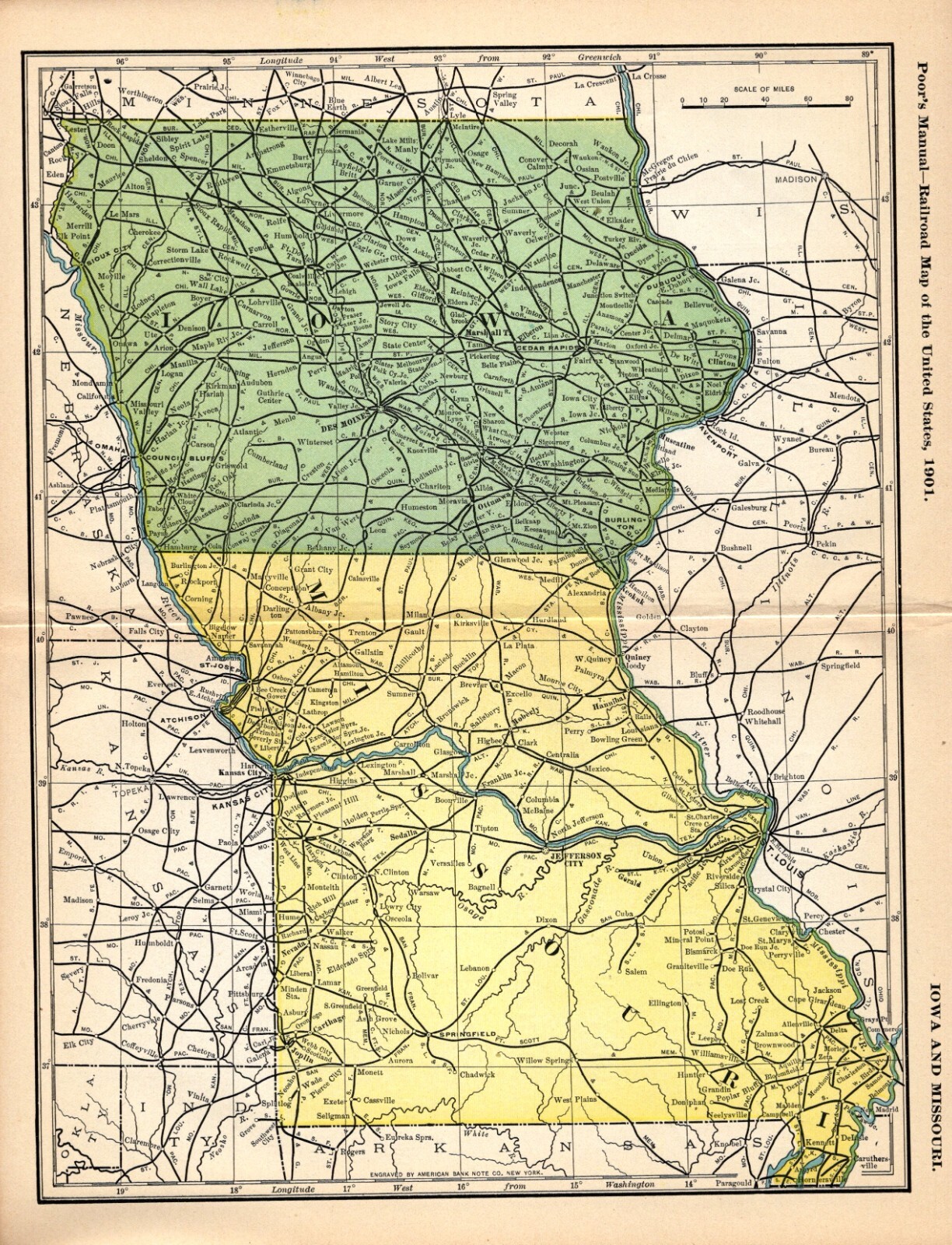 1901 Antique Iowa & Missouri Railroad Map Vintage Railway Map 1272