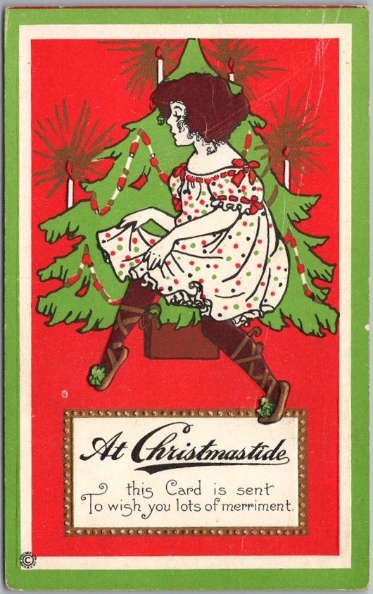 c1910s CHRISTMAS Embossed Postcard Girl / Art Deco Tree Design - STECHER 544E