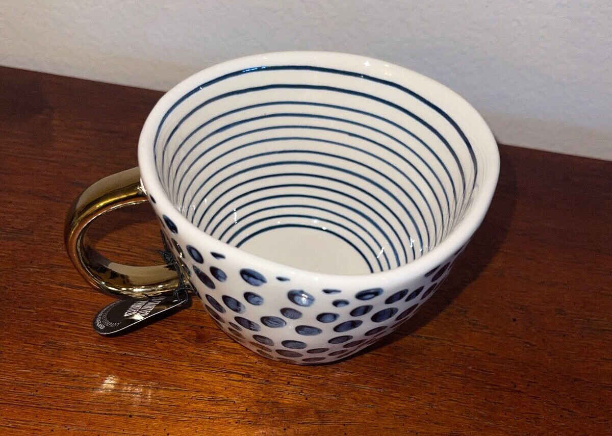 The Old Pottery Company Blue Stripe Dot Gold Mug NEW