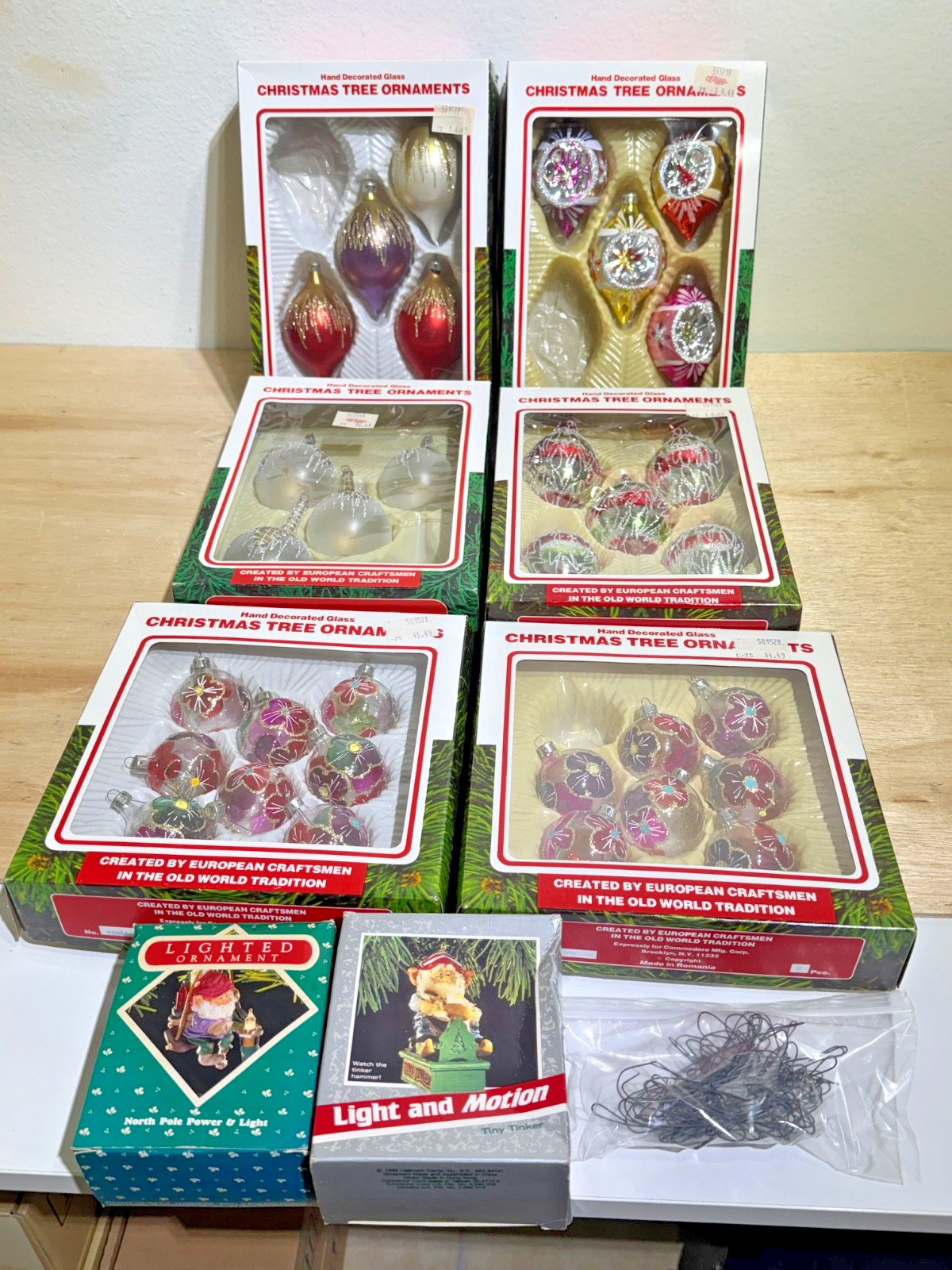 (6) Vintage Boxes of (32) Glass Ball Ornaments Christmas Red Green Gold Romania