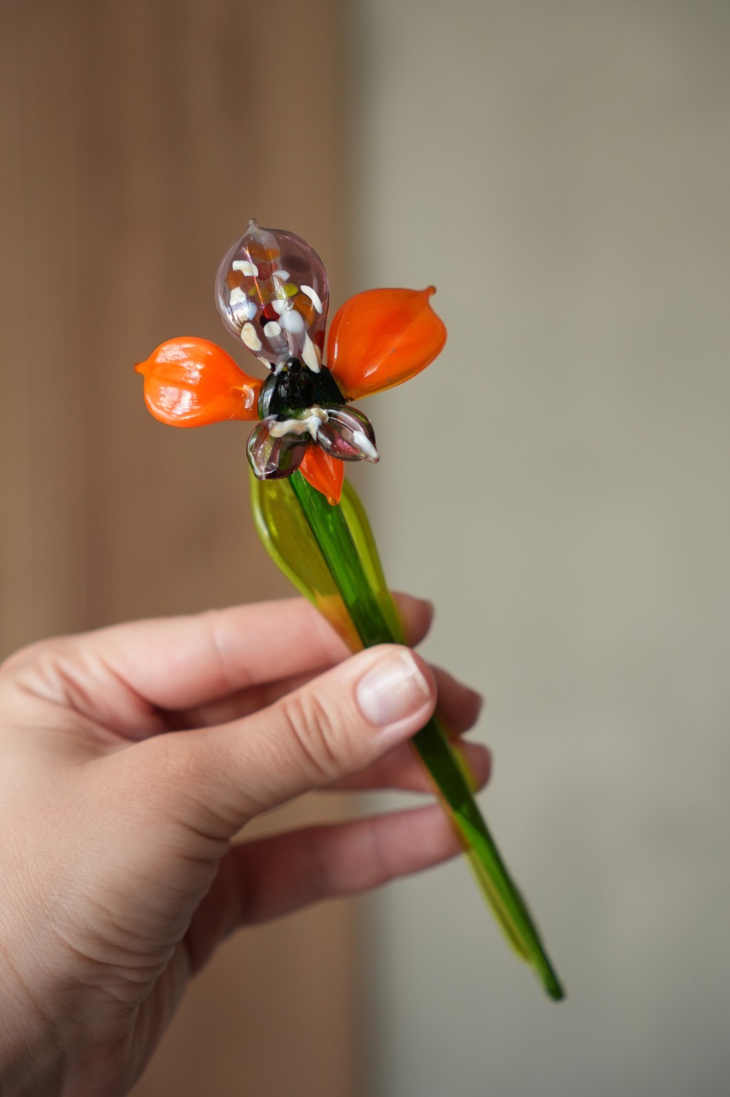 Orange Glass Orchid Flower Figurine Blown Long Stem Vase Decor Gift