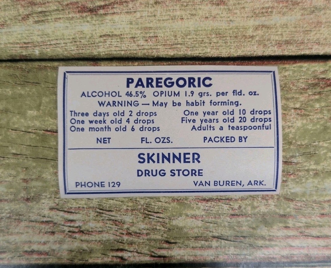 NOS 1 Vintage Paregoric Opium Pharmacy Label Skinner Drug Store Van Buren ARK
