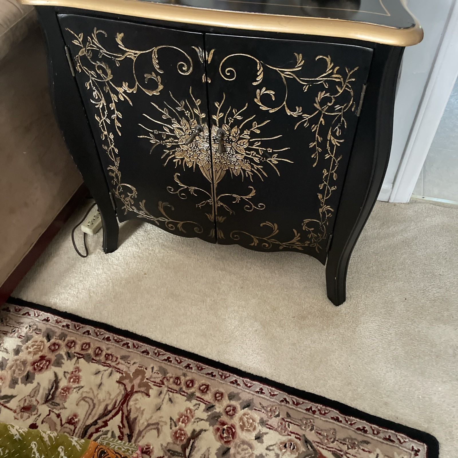Asian Style Black Lacquer Cabinet Hand Painted Scrolls Design Patterns 30” H Asian Style Black Lacquer Cabinet Hand Painted Scrolls Design Patterns 30” H
