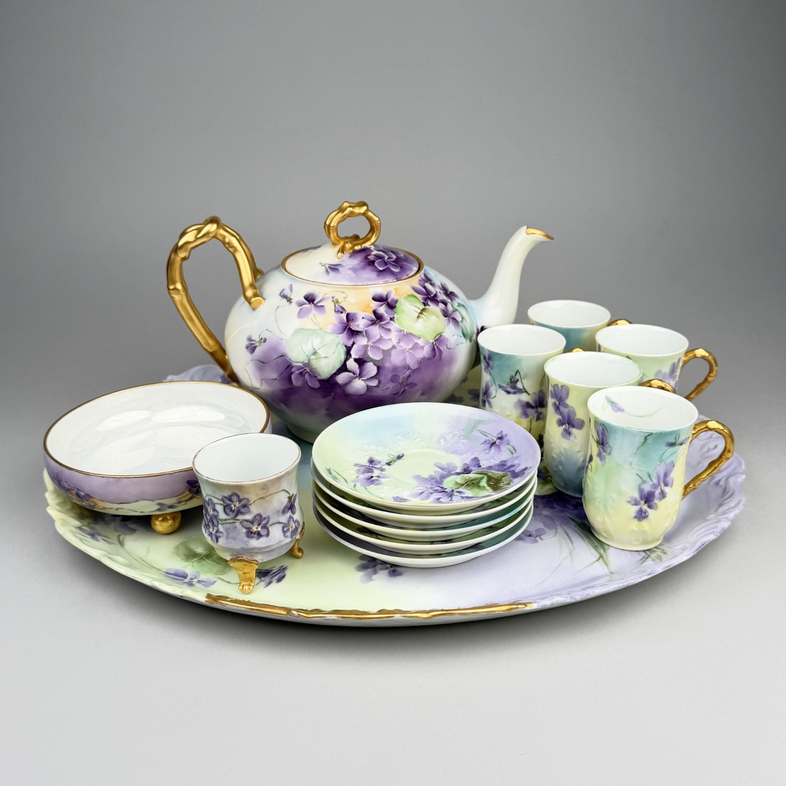 Antique Limoges Porcelain Tea Set Violets Hand Painted Teapot Tray Cups T&V 1892