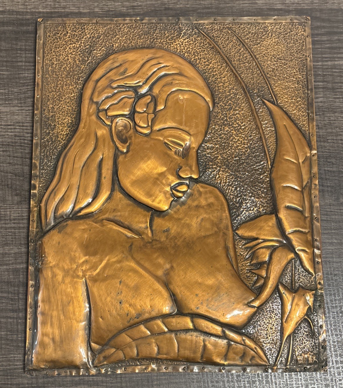 Vintage Art Metal Hammered Relief Handmade Woman Tropical 3D Signed Repoussé