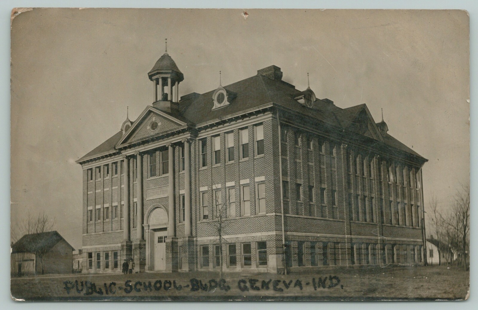 Geneva IN Public School Bldg~Tall Columns~Open Belfry~Round Dormers 1911 RPPC